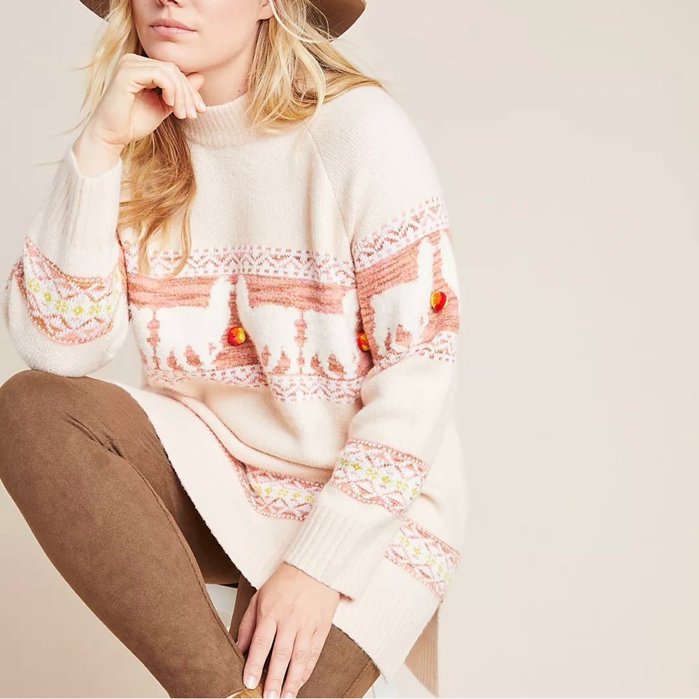 Anthropologie Aimee Pommed Alpaca Pink Peach Cashmere Cotton Blend Sweater Small